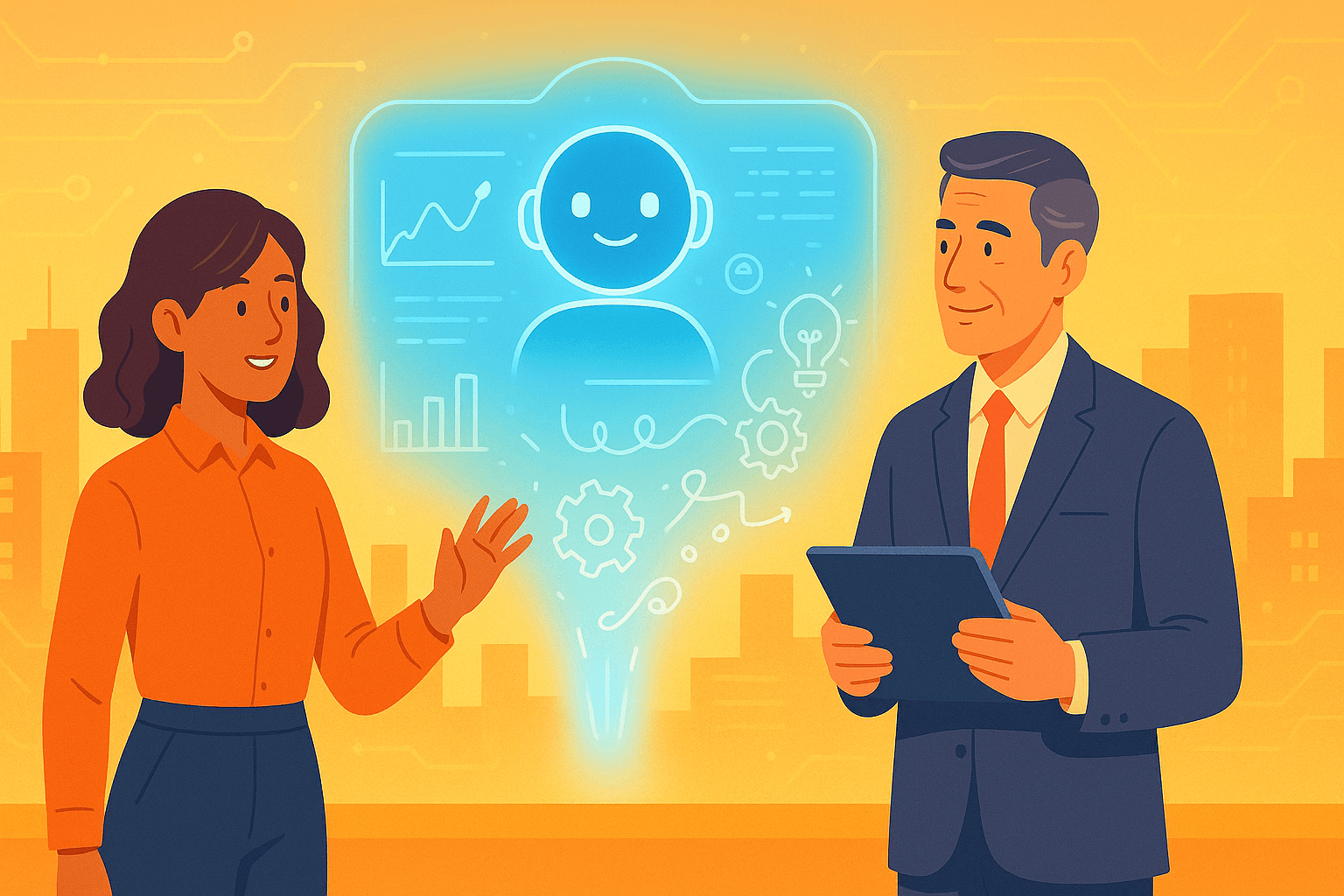 Flat-style illustration of a woman and a man collaborating with a glowing AI hologram, symbolising human, AI partnership at work